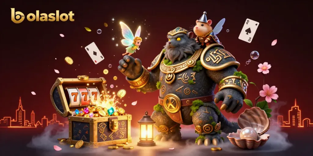 BOLASLOT features a vibrant 3D illustration with a golem guardian, fairy, and hamster knight exploring colorful slot elements.