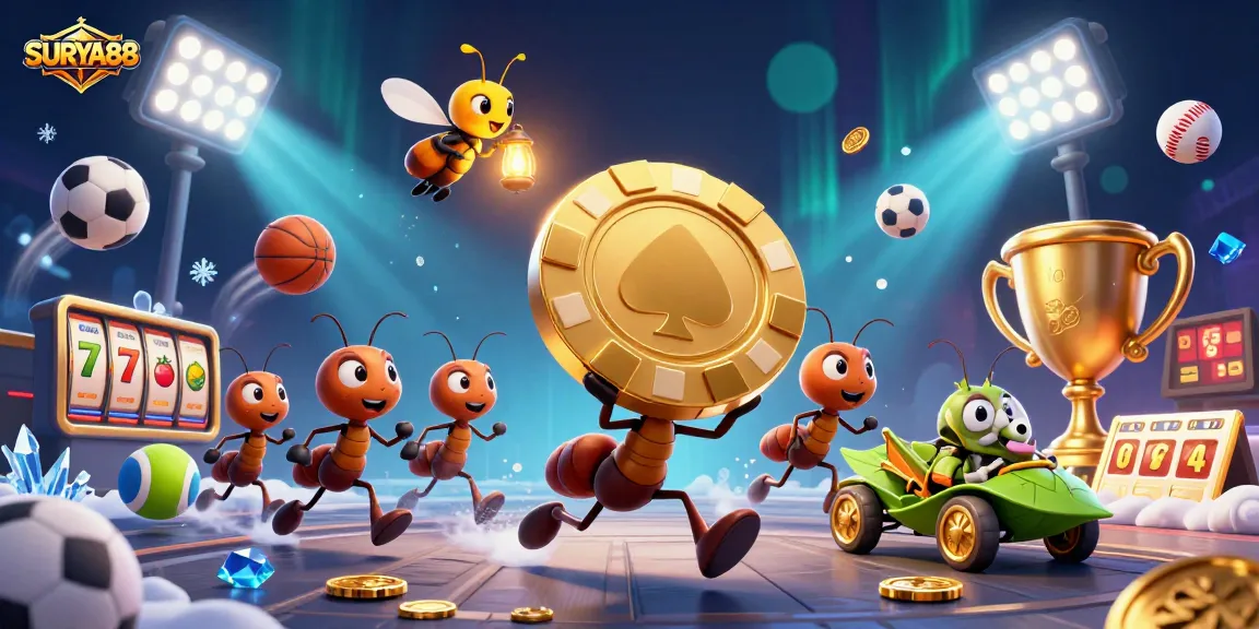 Engaging illustration with SURYA88's ants heist scene featuring golden poker chip and vibrant casino elements.