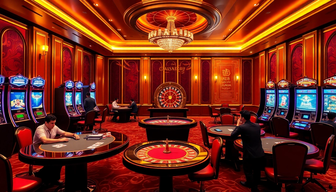 Experience the thrill of Link vào Jun88 with players at bustling casino tables and vibrant slot machines.