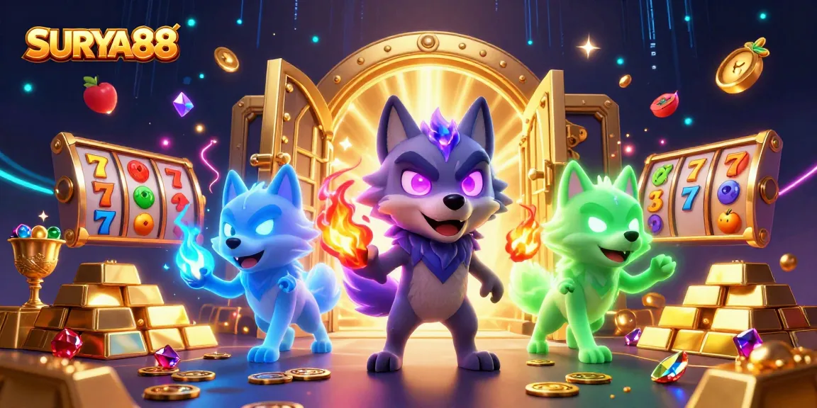 SURYA88 offers a thrilling casino experience with a rich treasure scene featuring mystical wolves and slots.