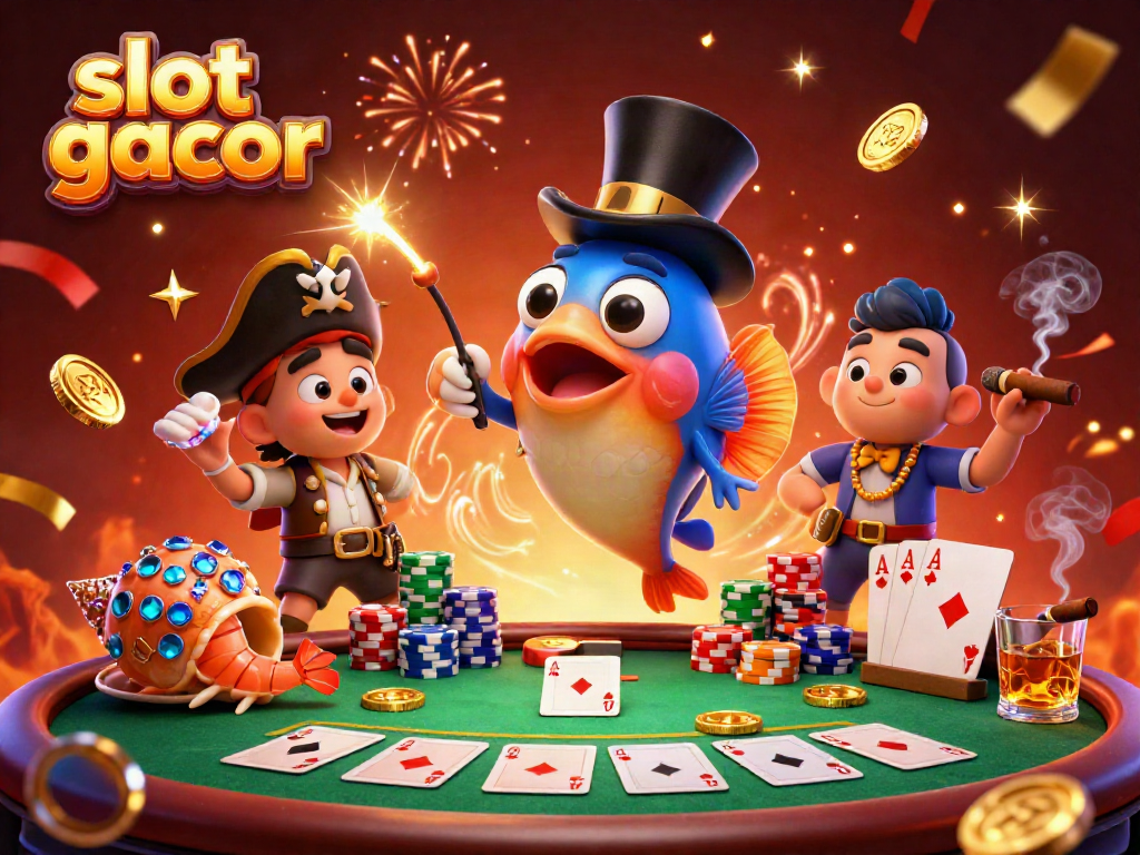 Slot gacor memikat dengan ikan pemancing, lobster, dan siput, menghiasi meja poker yang berkilau.