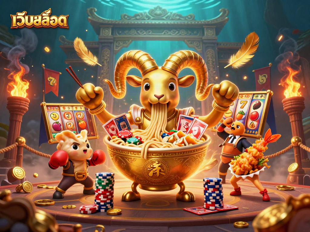 Engage with เว็บสล็อต through thrilling slots in this vibrant cartoon casino scene.