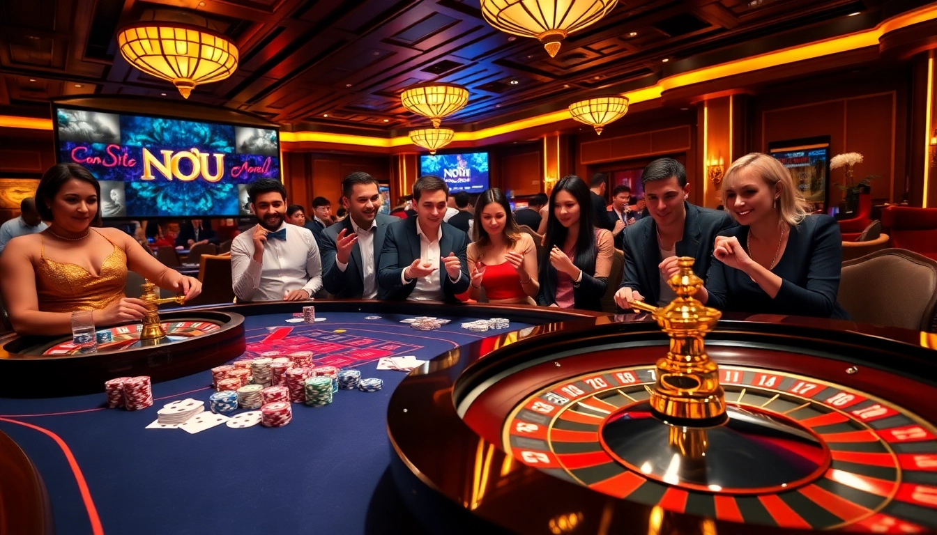 Nohu casino players engaging at a luxury gaming table, showcasing poker chips and roulette excitement.