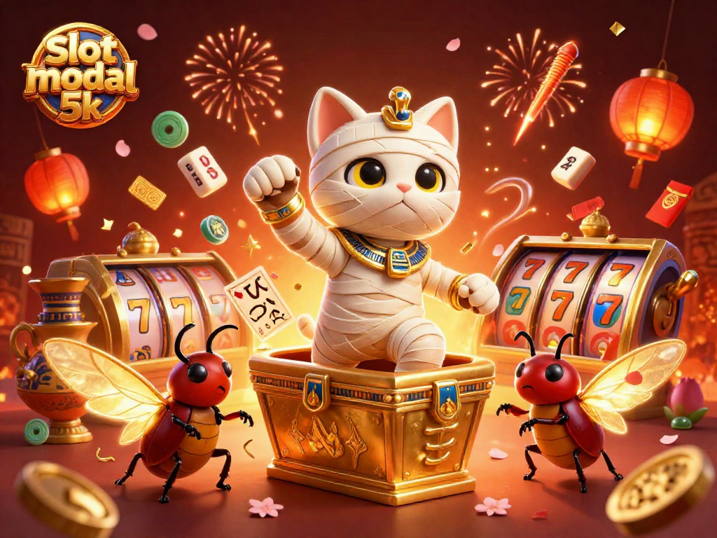 Engaging scene featuring the slot modal 5k with an Egyptian mummy cat and vibrant casino elements.