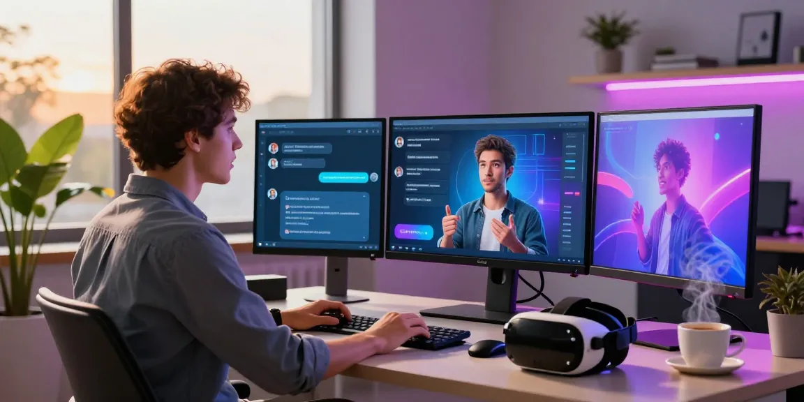 Engaging interaction with crushonai character in a modern home office with vibrant LED lighting.