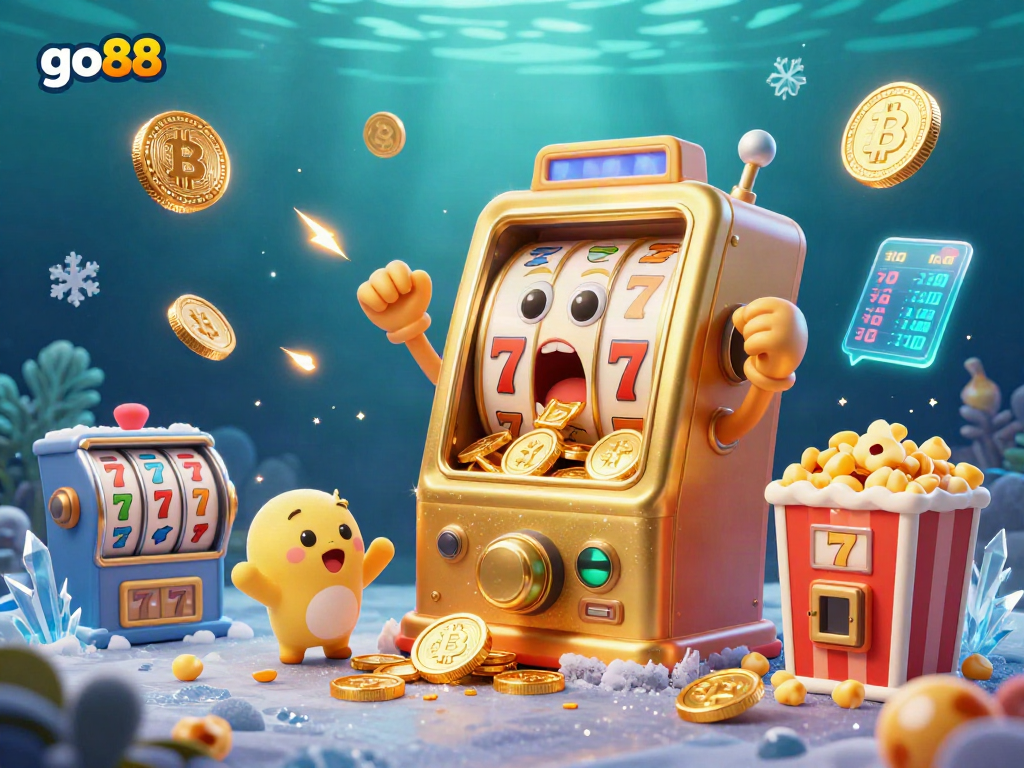 Experience thrill with go88 as the golden slot machine wins big, surrounded by cheering machines and vibrant game elements.