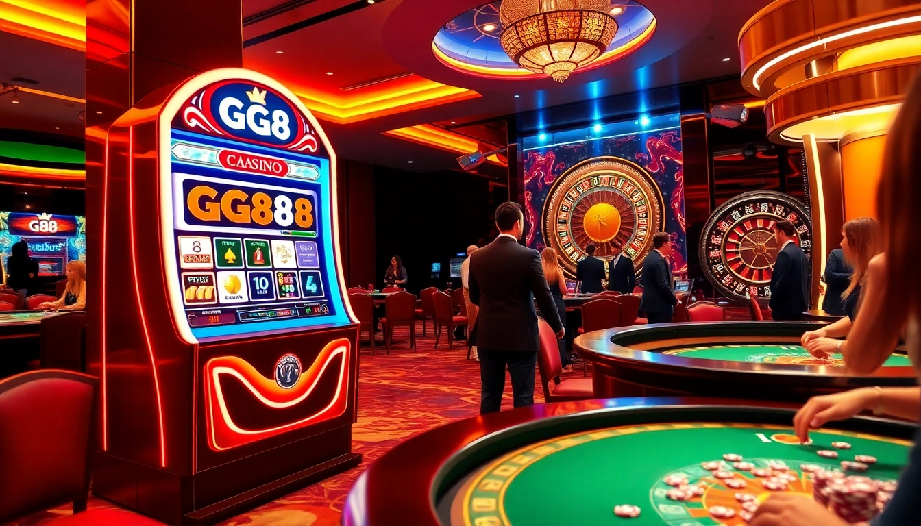 Players enjoying a thrilling gaming experience at the GG88 casino, featuring colorful slot machines and poker tables.