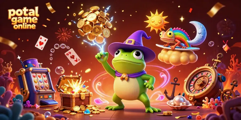 Experience excitement with portal game online featuring a wizard frog and chameleon in a dynamic casino scene.