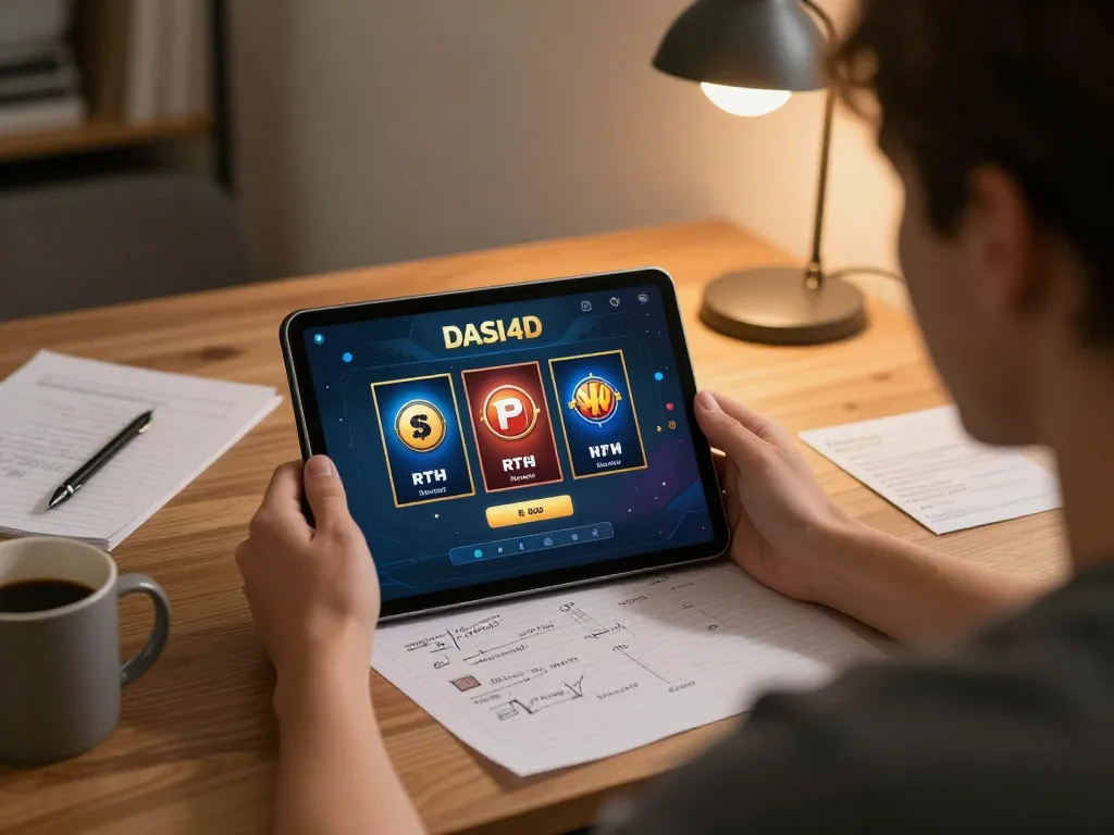 Antarmuka login DASI4D di tablet dalam pengaturan permainan yang nyaman, menampilkan elemen permainan strategis.