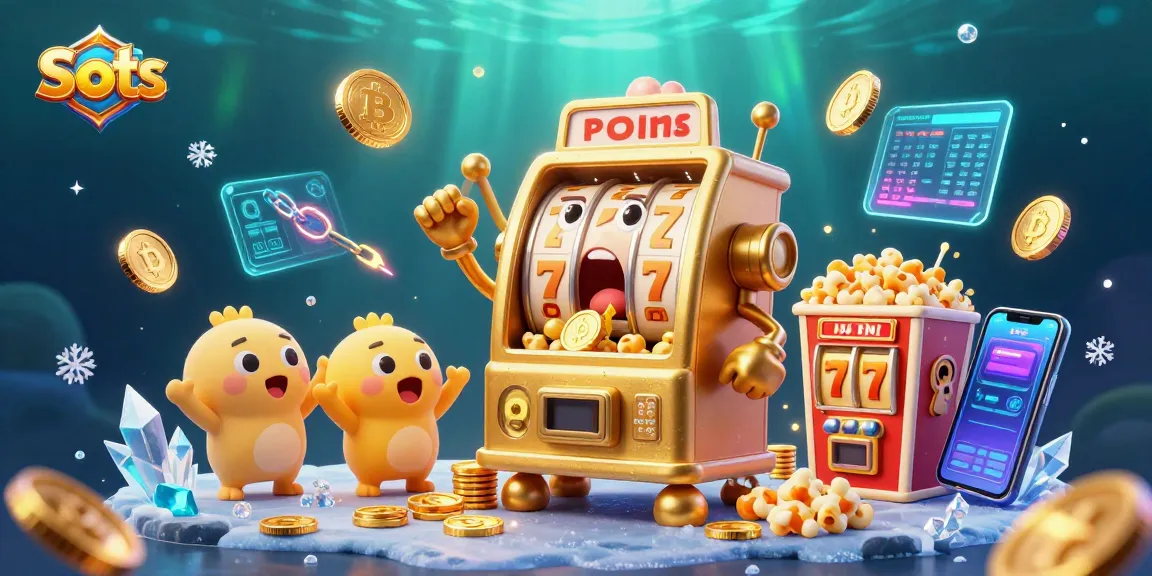Slots jackpot scene with golden slot machine and cheering baby slots amidst coins and crypto elements.