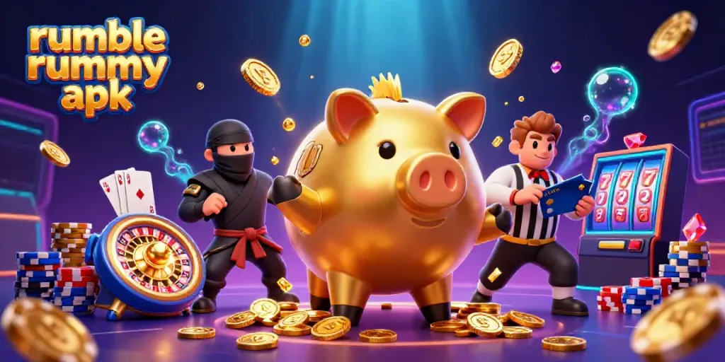 Engage with Rumble Rummy APK, featuring dynamic characters and dazzling casino elements in a vibrant 3D scene.