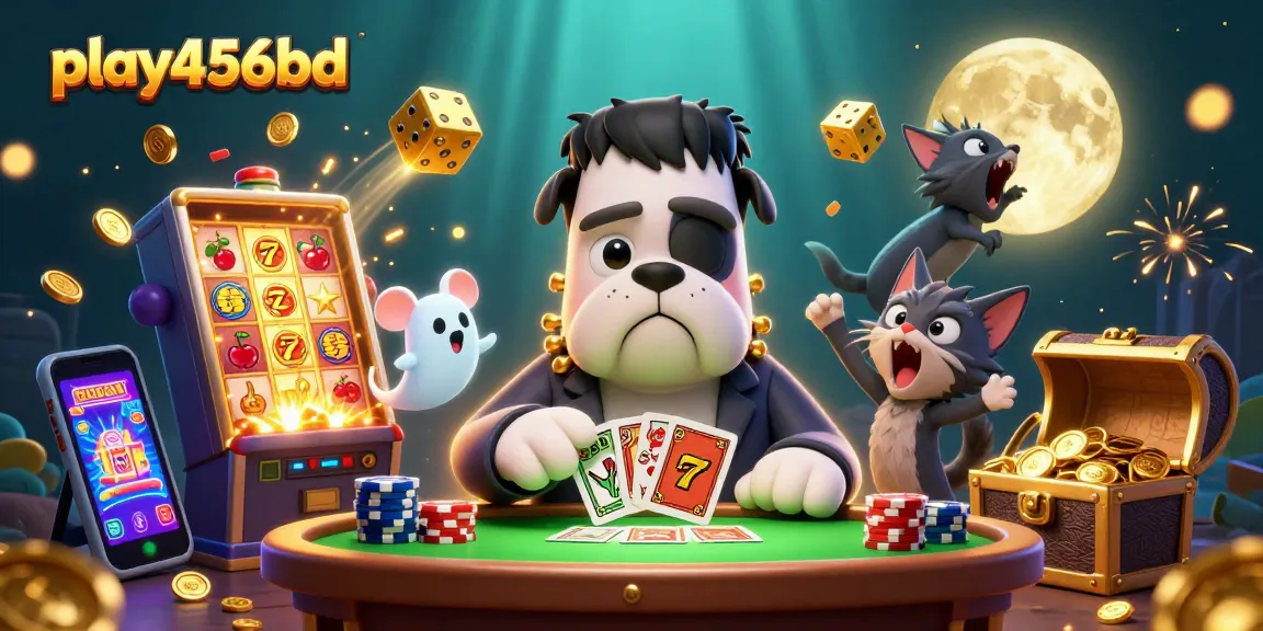 Join the fun with play456bd as a cartoon bulldog deals cards amidst slot jackpots and spooky characters.