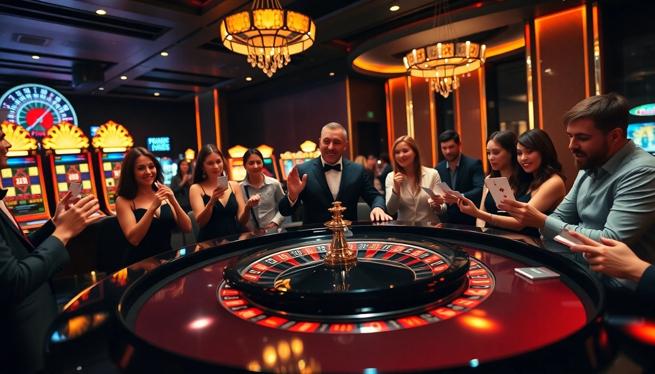Xoso66 players enjoying an exciting game at a luxurious casino table with vibrant elements.
