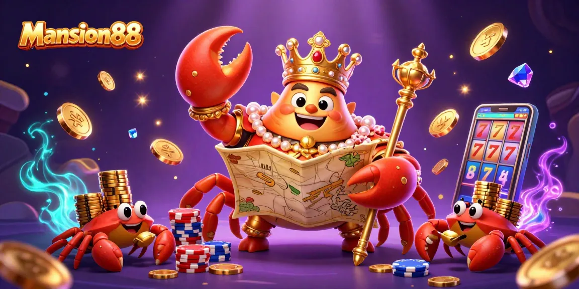 Mansion88 showcases a dynamic online casino scene featuring a golden crab emperor and shimmering treasures.