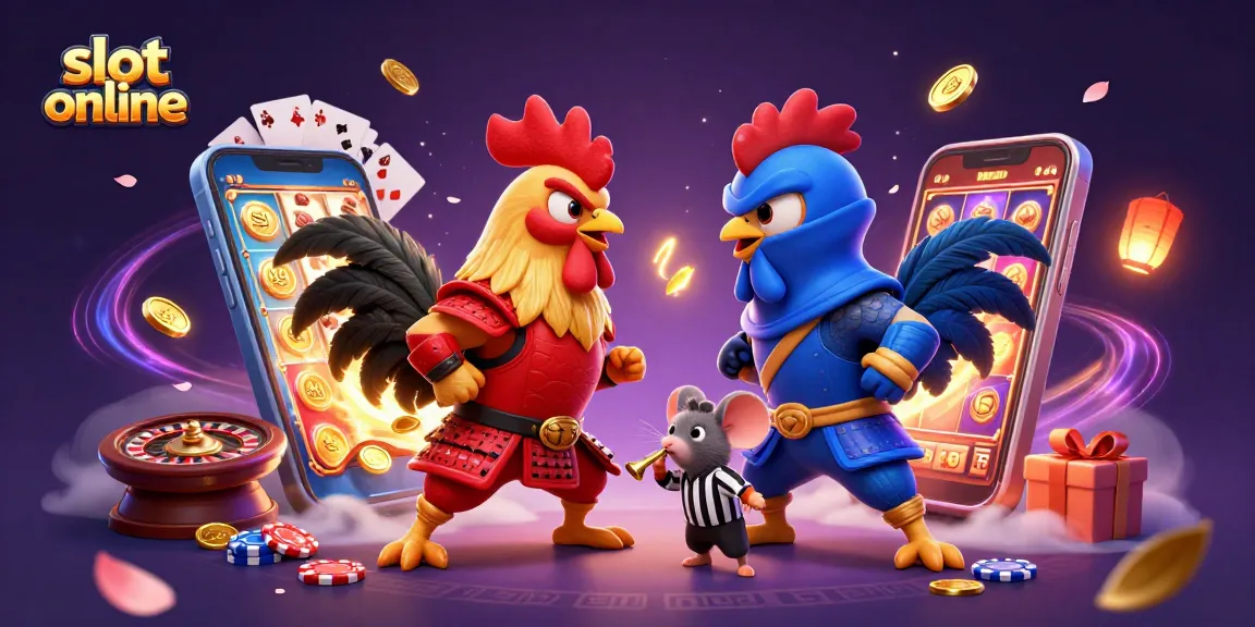Slot online menghadirkan pertarungan seru antara ayam sambil dikelilingi elemen permainan menarik.