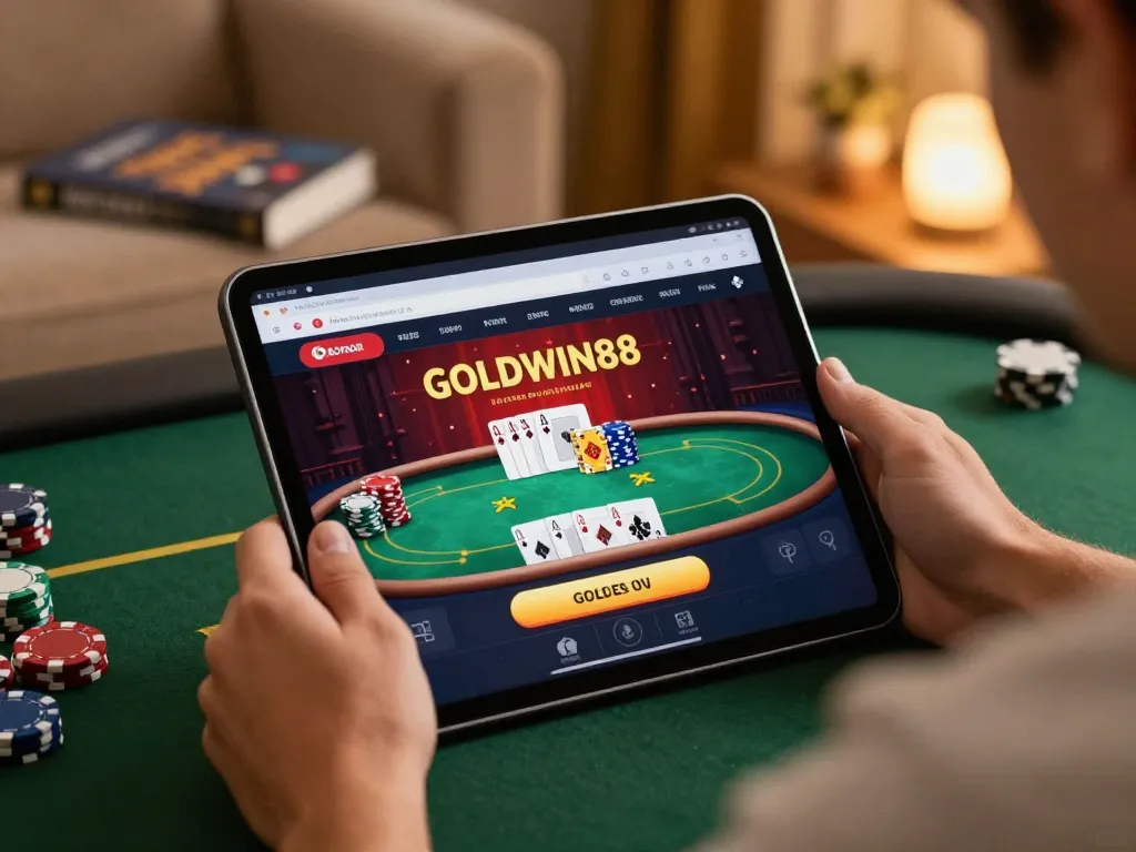 Pemain menikmati permainan poker strategis di tablet GOLDWIN88 di suasana rumah yang nyaman.