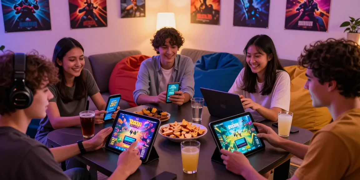 Friends excitedly using Raja Game login on their devices in a cozy gaming setup.