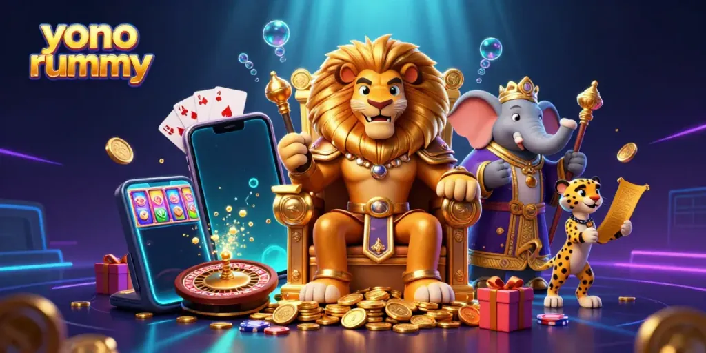 Visualisasi Yono Rummy yang menarik dengan karakter raja singa dan elemen kasino menghidupkan permainan kartu ini.