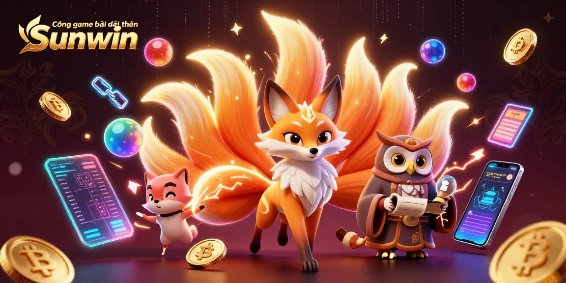 Cổng game bài đổi thưởng Sunwin showcases a vibrant scene with a nine-tailed fox spirit and owl sage amidst glowing cryptocurrency elements, captivating players.