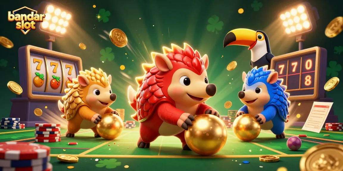Bandar slot menyajikan aksi menarik dengan pangolin meriah di tengah tumpukan chip poker.