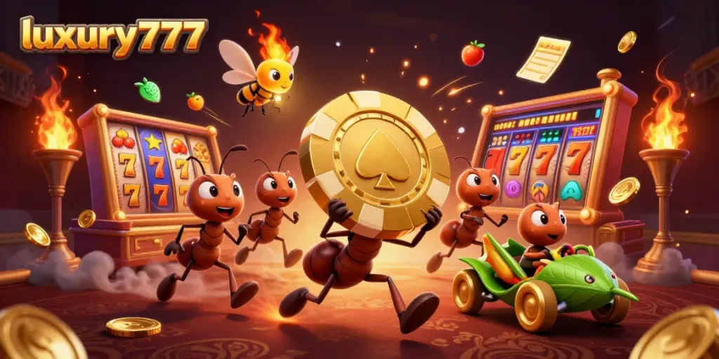Experience thrilling gameplay at luxury777, capturing a team of ants heist with a golden poker chip amidst vibrant casino elements.