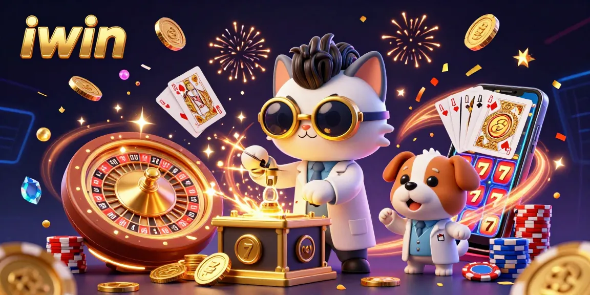 Experience the exciting iwin scene with golden coins, a mad scientist cat, and lively casino elements sparking action.