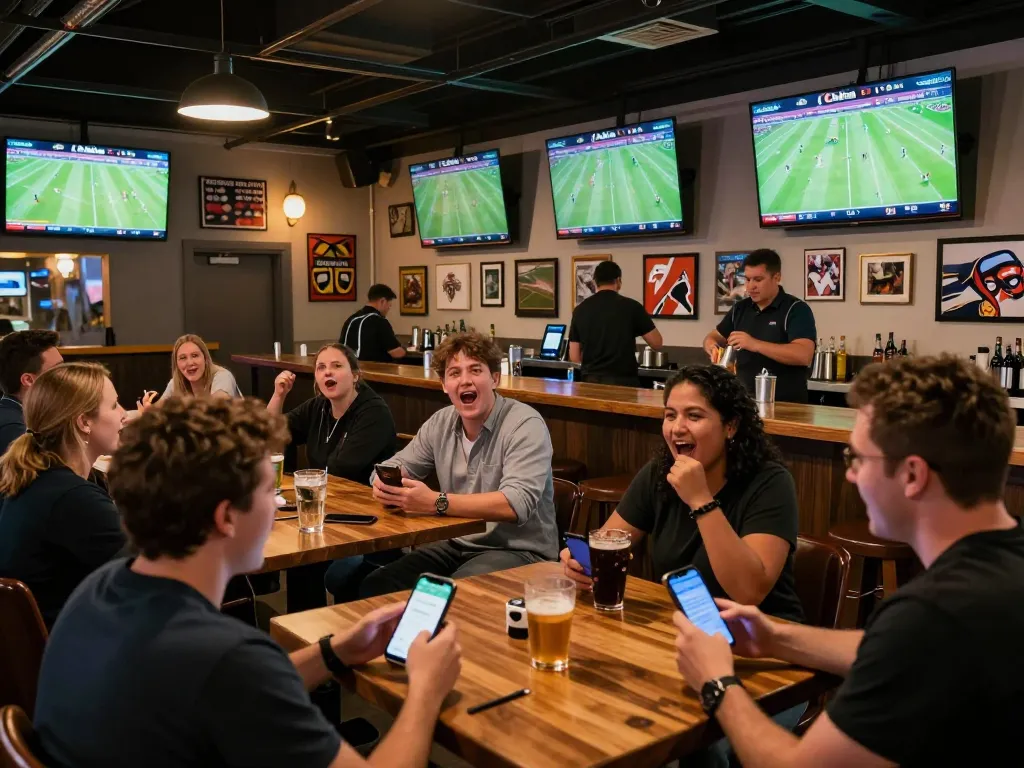 Cakhia football fans engaging in live betting at a sports bar with multiple screens