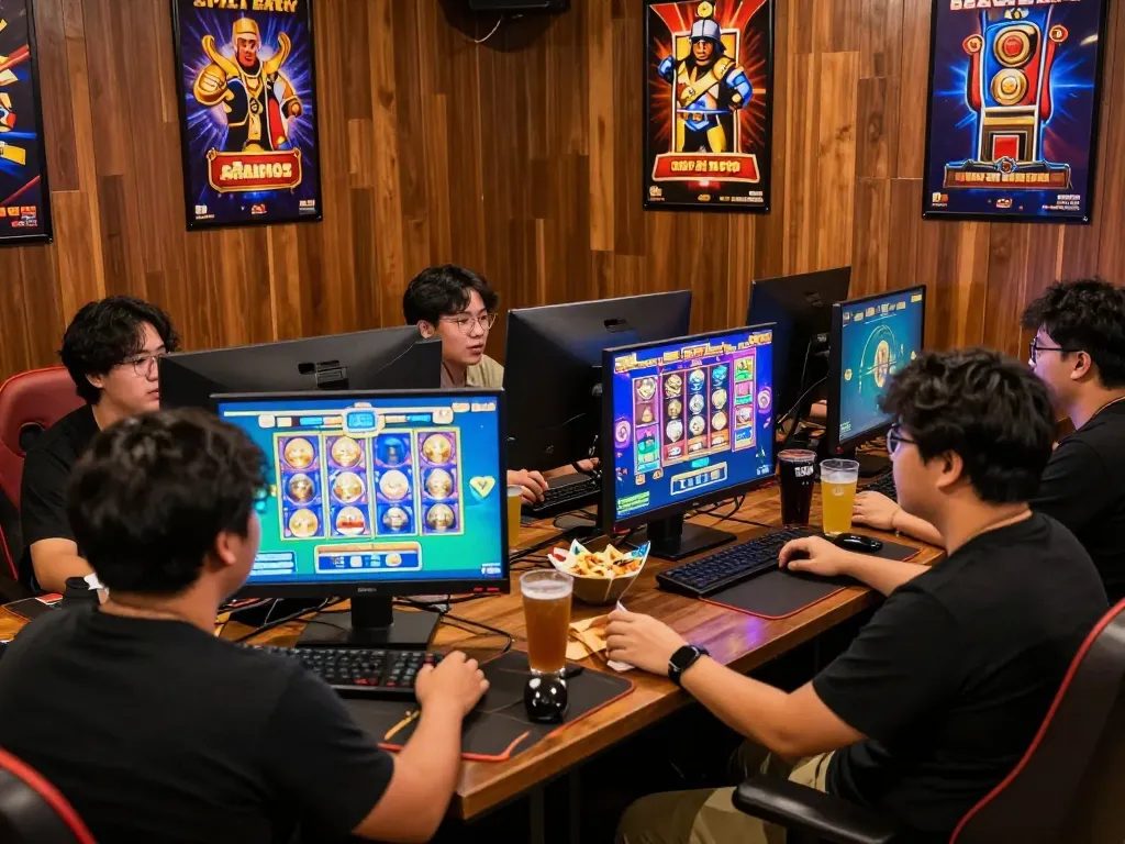 Kumpulan pemain yang menikmati permainan situs slot gacor di lounge yang semarak.