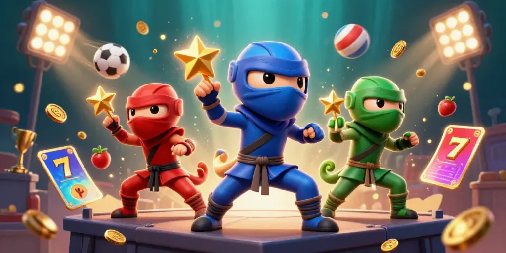 Engage with slot games through an action-packed illustration featuring chameleon ninjas and vibrant slot elements.