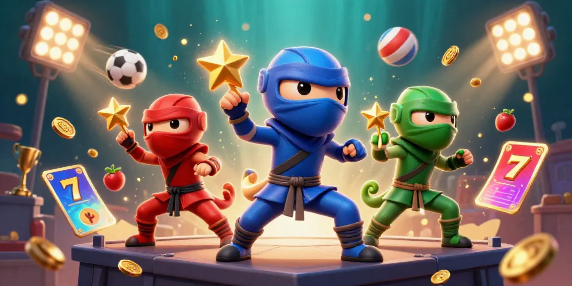 Engage with slot games through an action-packed illustration featuring chameleon ninjas and vibrant slot elements.