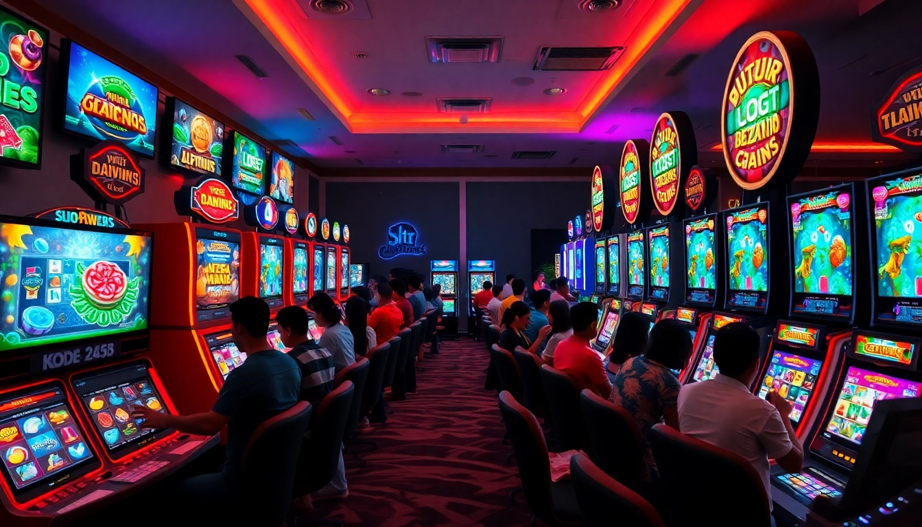 Situs kode4d engaging online gaming scene with colorful slot machines and enthusiastic players.