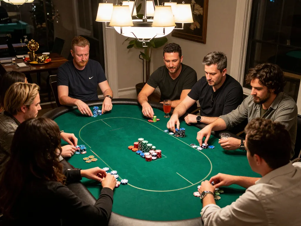 GO88 players engaging in a competitive poker game, showcasing vibrant chips and warm lighting