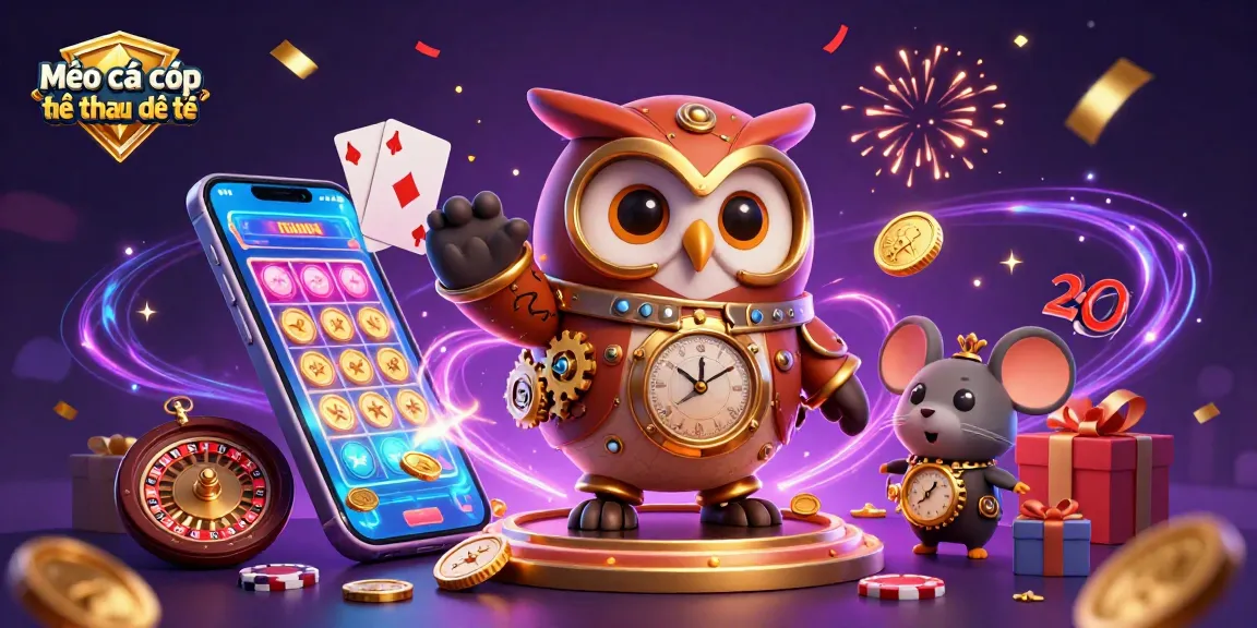Mẹo cá cược thể thao điện tử illustrated with a cartoon time-traveler owl and casino elements in a vibrant scene