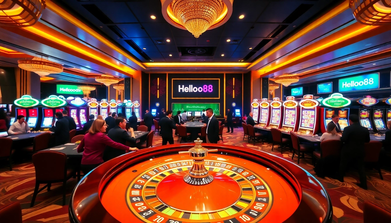 Players enjoying an exciting roulette game at Helloo88, amidst a luxurious casino atmosphere.