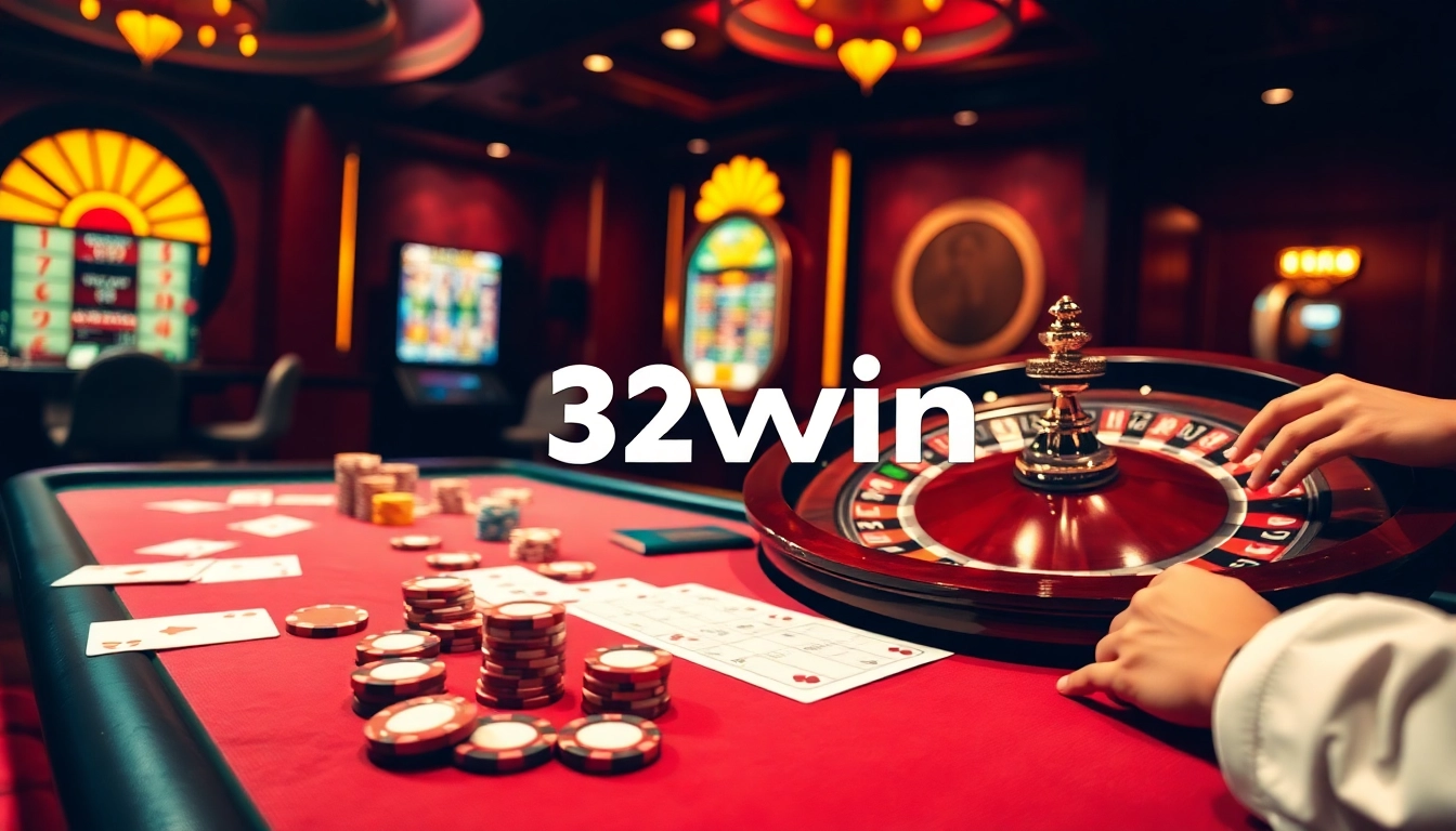 A player engaging with the 32win casino table, filled with poker chips and cards, set in an exciting gambling atmosphere.