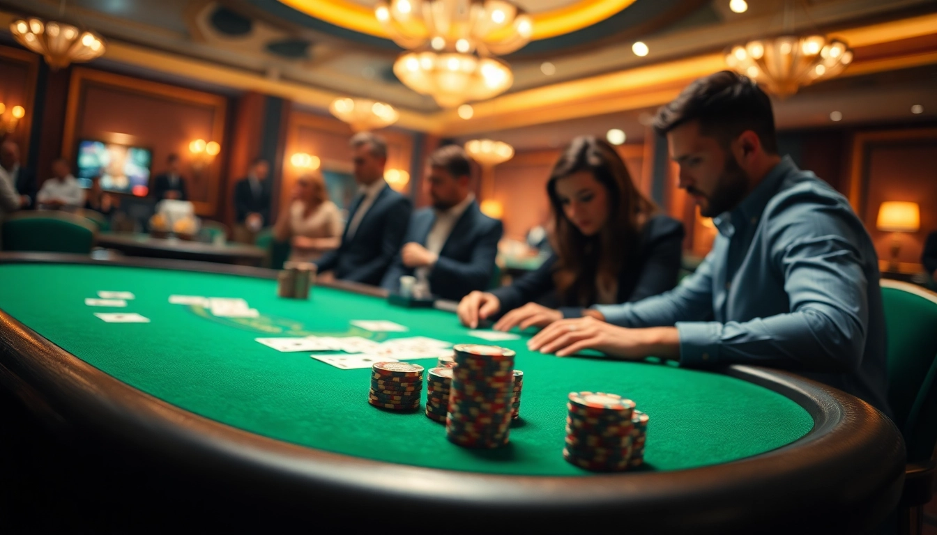 Engaging poker game scene showcasing players in action at a vibrant table with cards.