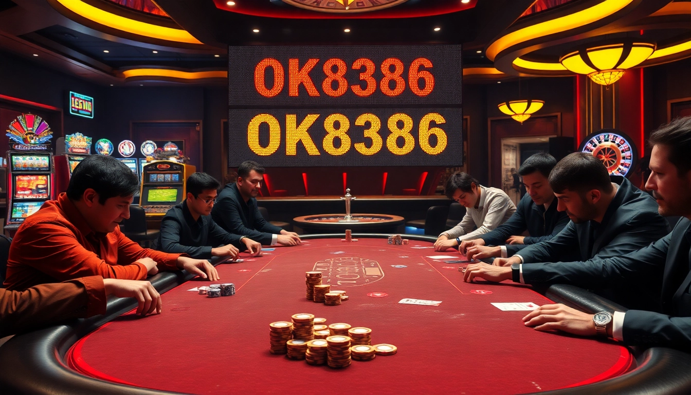A high-stakes poker game in a luxurious casino setting featuring the keyword OK8386 on digital displays.