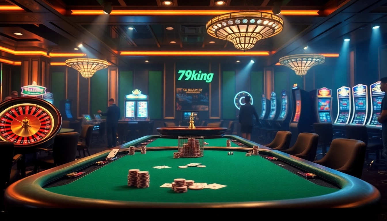 79king players experience thrilling betting action at a luxury poker table surrounded by roulette wheels and glimmering slot machines.