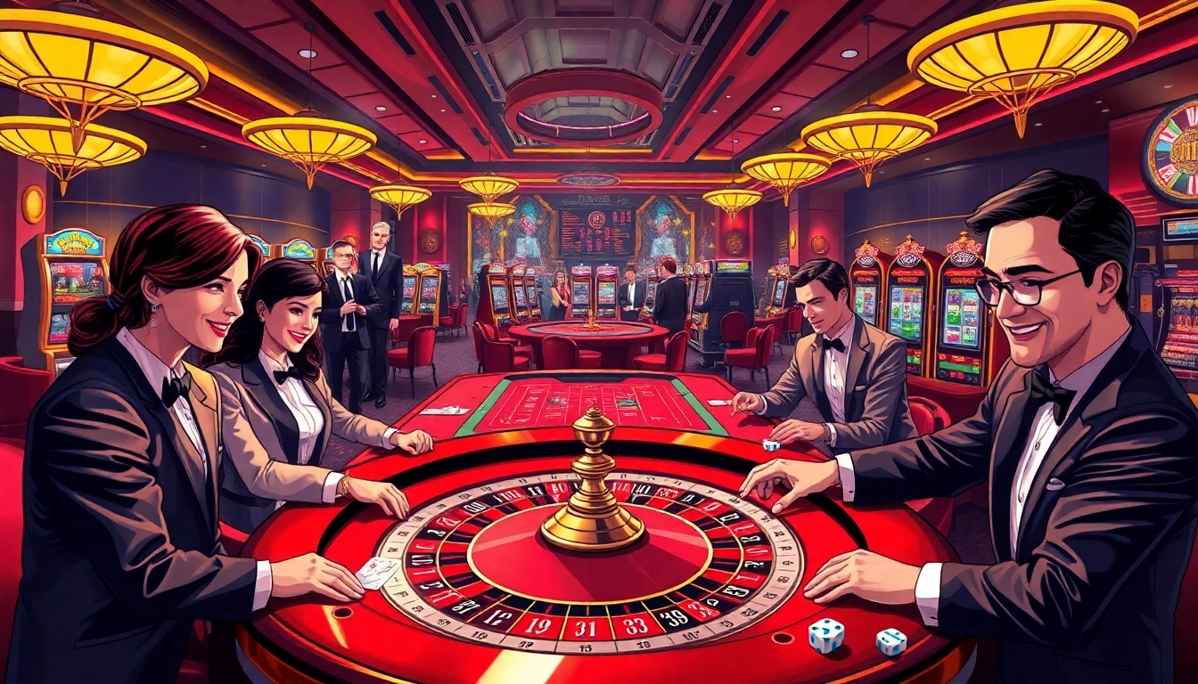 Exciting casino atmosphere featuring players engaged with OK8386-themed gambling, including roulette and poker tables.