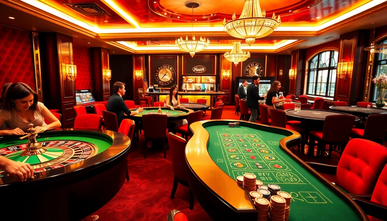 Engaging casino scene with vibrant gaming tables and lively players at the center.