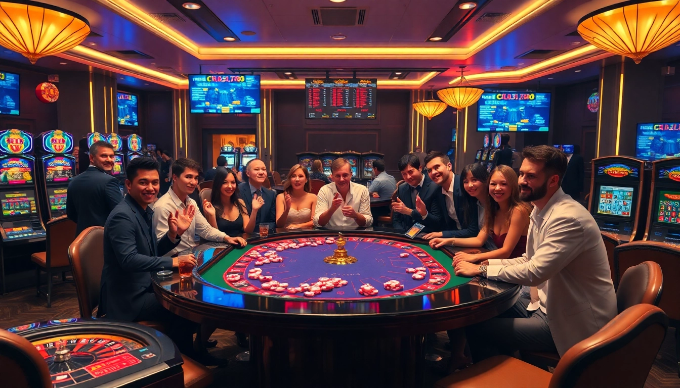 C168 COM gaming table with vibrant atmosphere and excited players enjoying a thrilling casino experience.