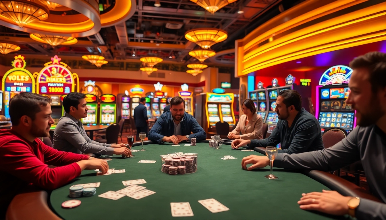 Experience the thrill of Jun88 as players strategize at a poker table amidst a vibrant casino atmosphere.
