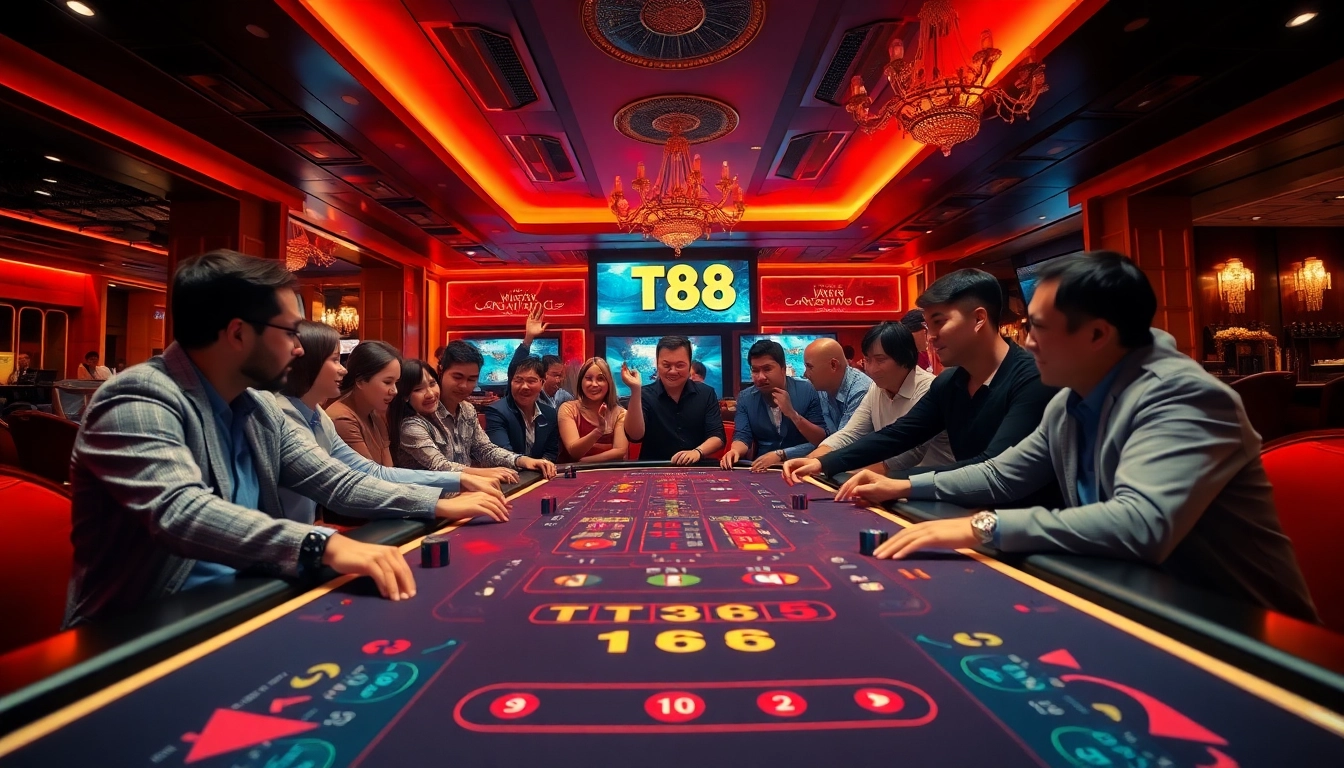 Experience the excitement at TT88 with players celebrating wins at a sleek casino table.