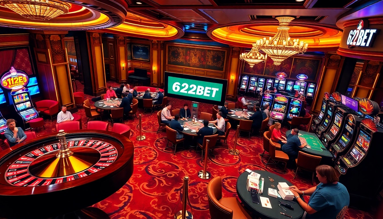 Experience the thrill of 622BET with vibrant casino gaming visuals featuring roulette and slot machines.