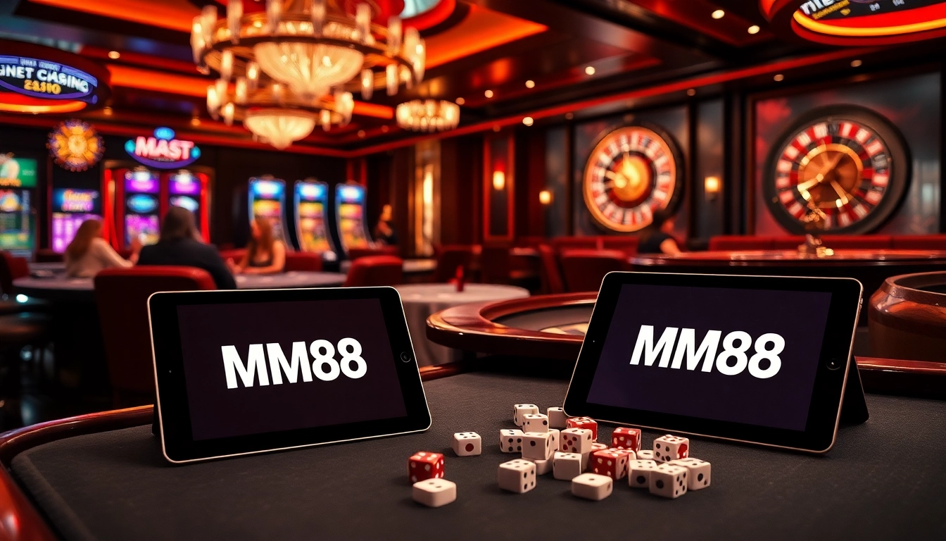 MM88 gamblers placing bets at a high-stakes poker table amidst colorful casino elements.