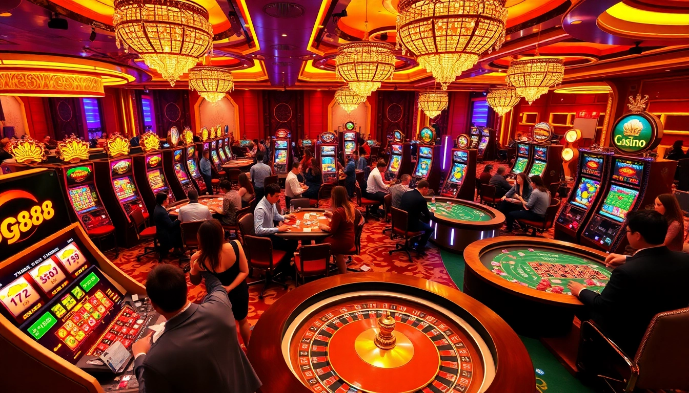 GG88 players intensely engaged at a vibrant casino table, showcasing poker chips and slot machines.