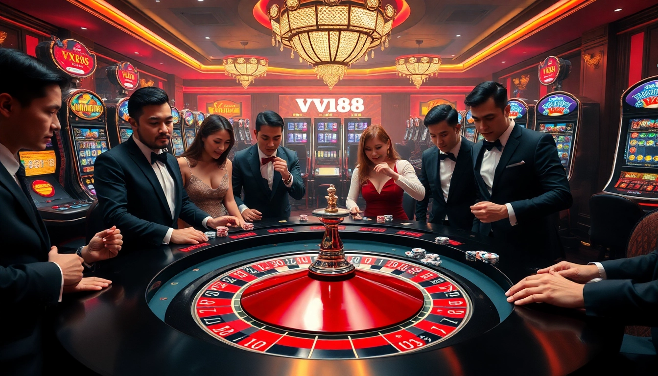 Experience the thrill of gaming at vn88 with an exciting casino scene featuring roulette, slots, and engaged players.