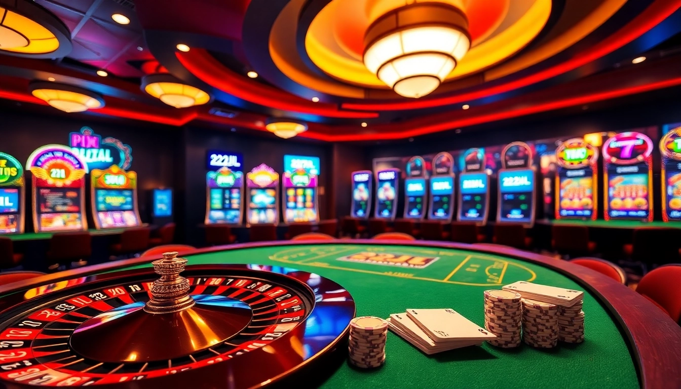 Experience the thrill of gaming with 22JL at a vibrant casino table filled with chips and cards.