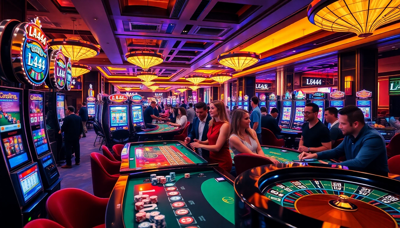 L444 offers an exciting casino atmosphere with vibrant slot machines and engaged players.