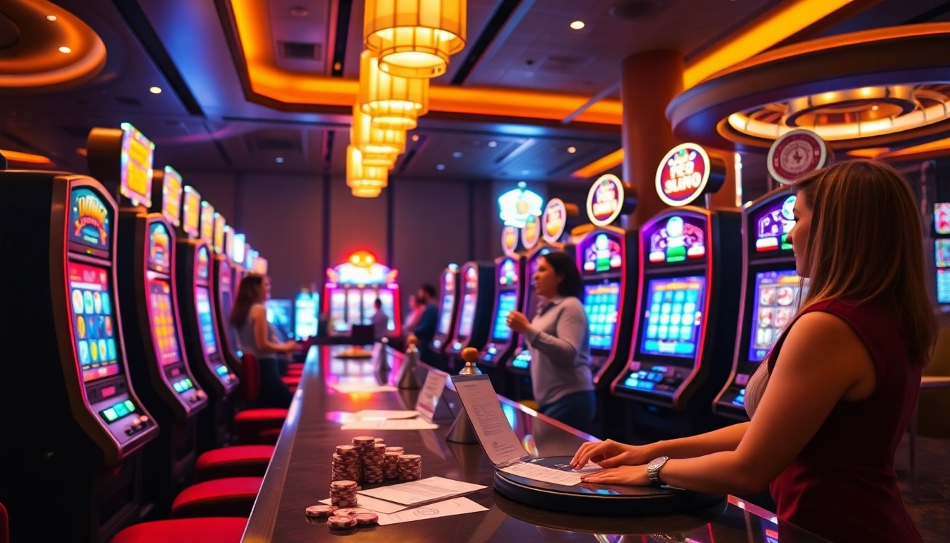 Engaged players celebrating wins at a luxurious 슬롯사이트 with vibrant slot machines in action.
